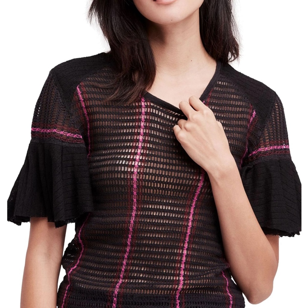 Free People Babes Only Bell Sleeve Black Knit Top with Purple Stripe Accents